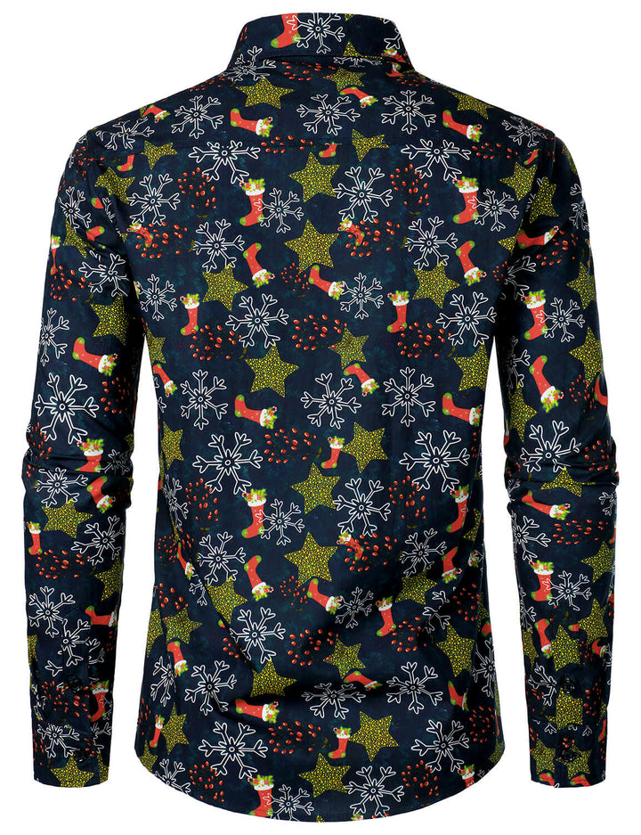 Men's Christmas Print Holiday Cotton Long Sleeve Shirt