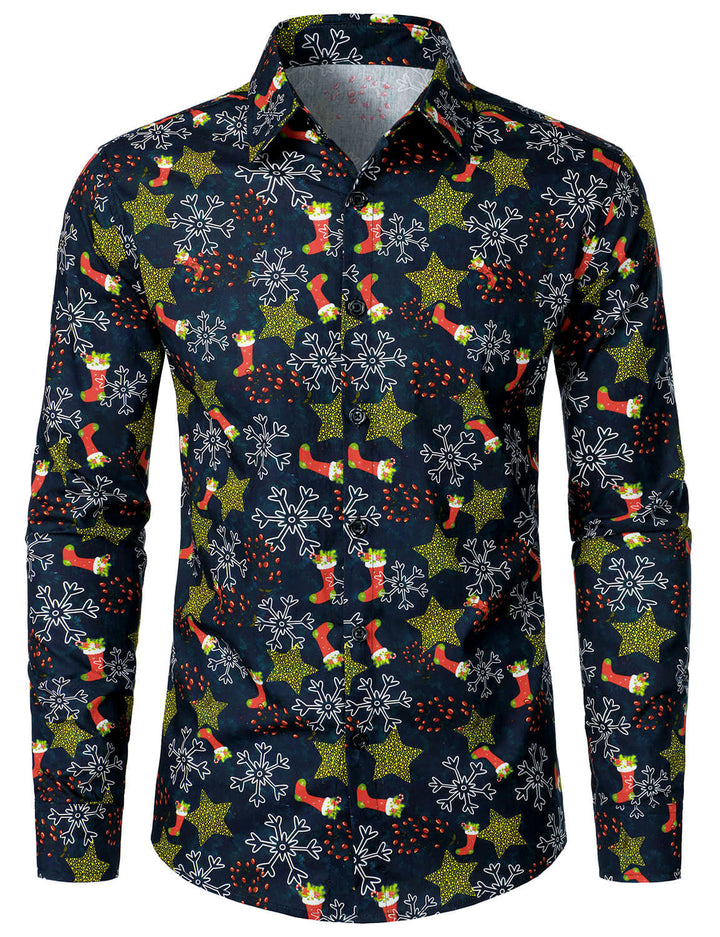Men's Christmas Print Holiday Cotton Long Sleeve Shirt