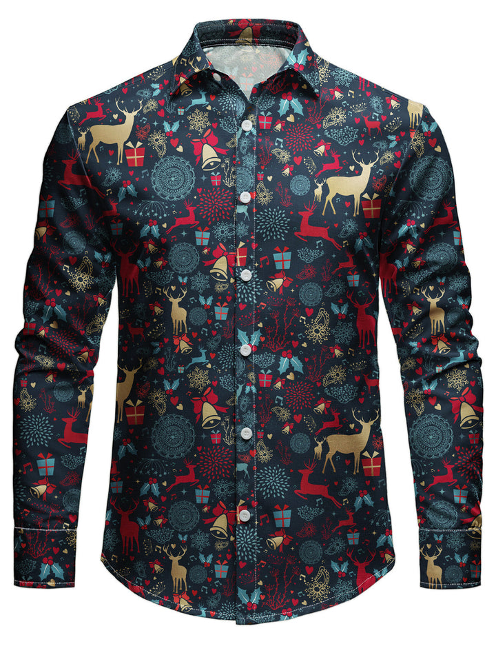 Men's Vintage Christmas Reindeer Printed Holiday Long Sleeve Shirt