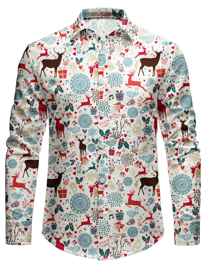 Men's Vintage Christmas Reindeer Printed Holiday Long Sleeve Shirt