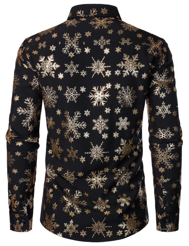 Herres Gold Christmas Snowflake Print Long Sleeve Shirt