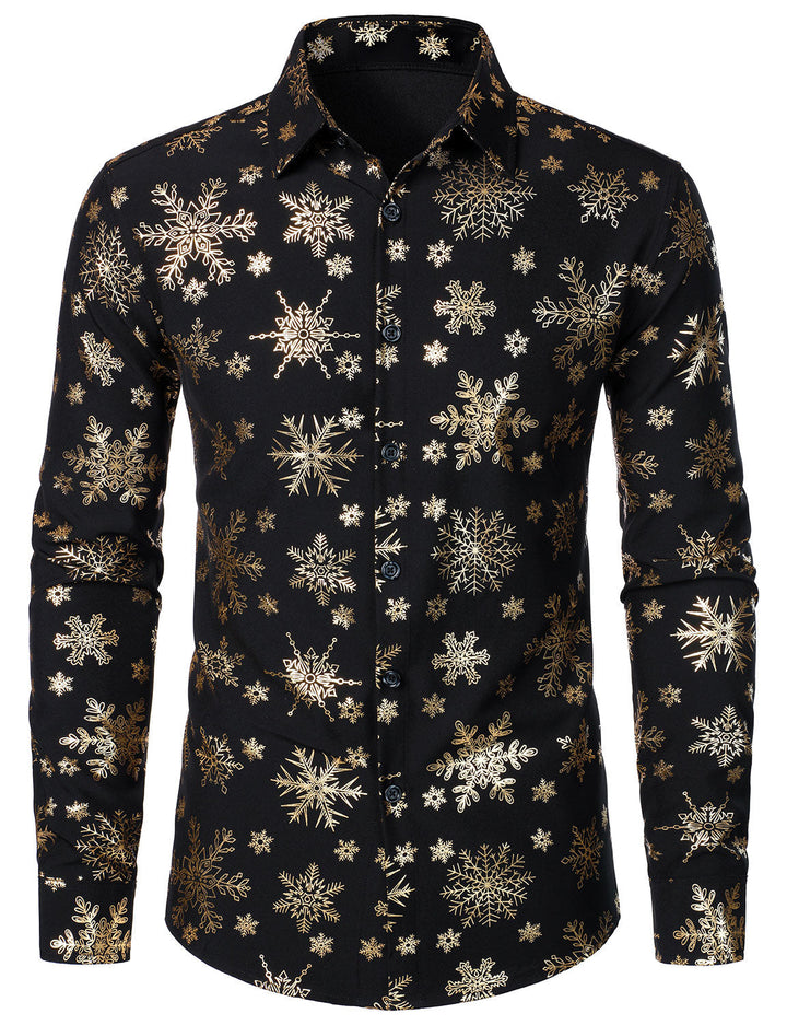 Herres Gold Christmas Snowflake Print Long Sleeve Shirt