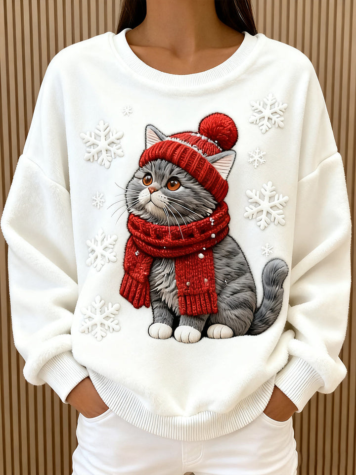 Casual Flannel Hoodie with Artistic Christmas Cat Print for Women