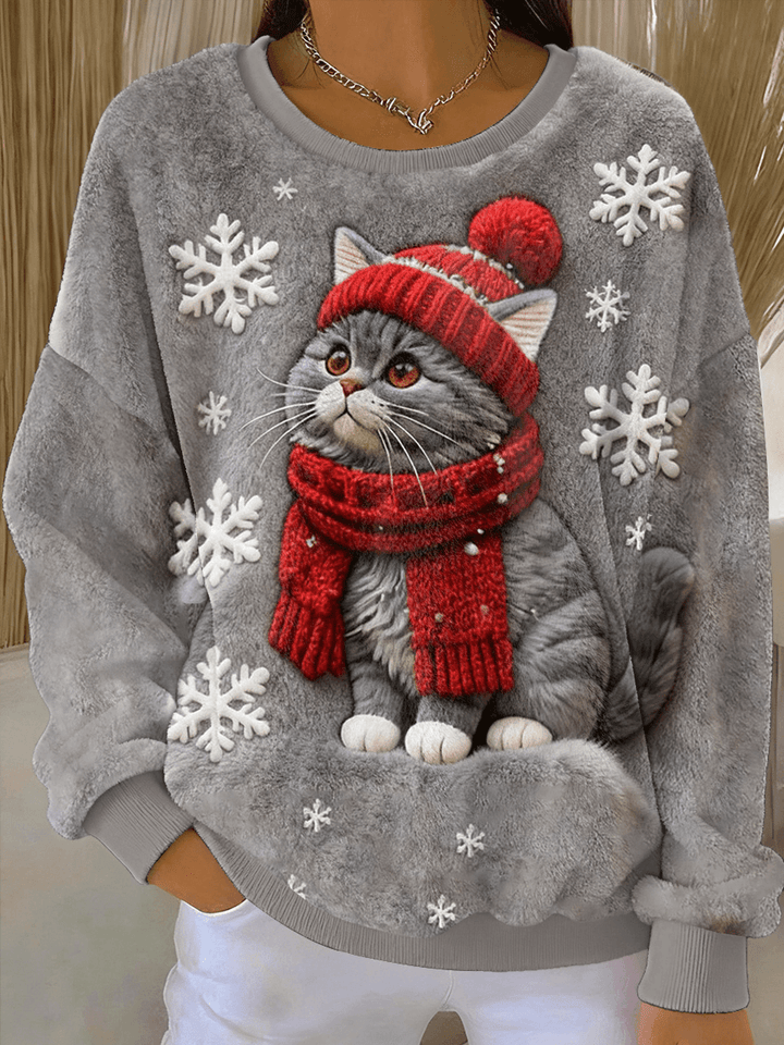 Casual Flannel Hoodie with Artistic Christmas Cat Print for Women