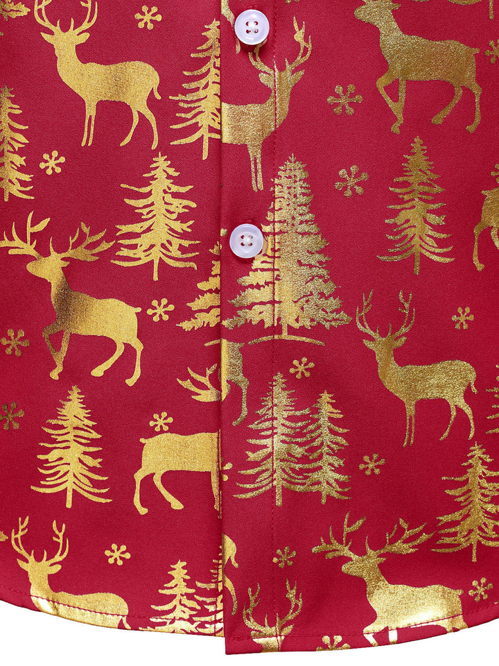 Men's Golden Christmas Reindeer Festive Print Red Long Sleeve Shirt