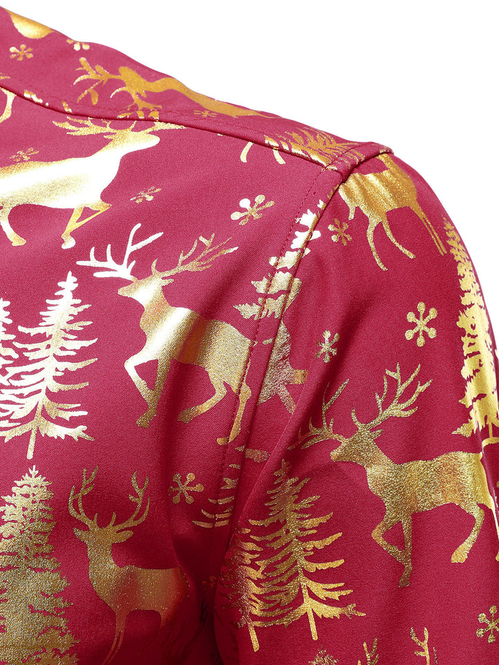 Men's Golden Christmas Reindeer Festive Print Red Long Sleeve Shirt