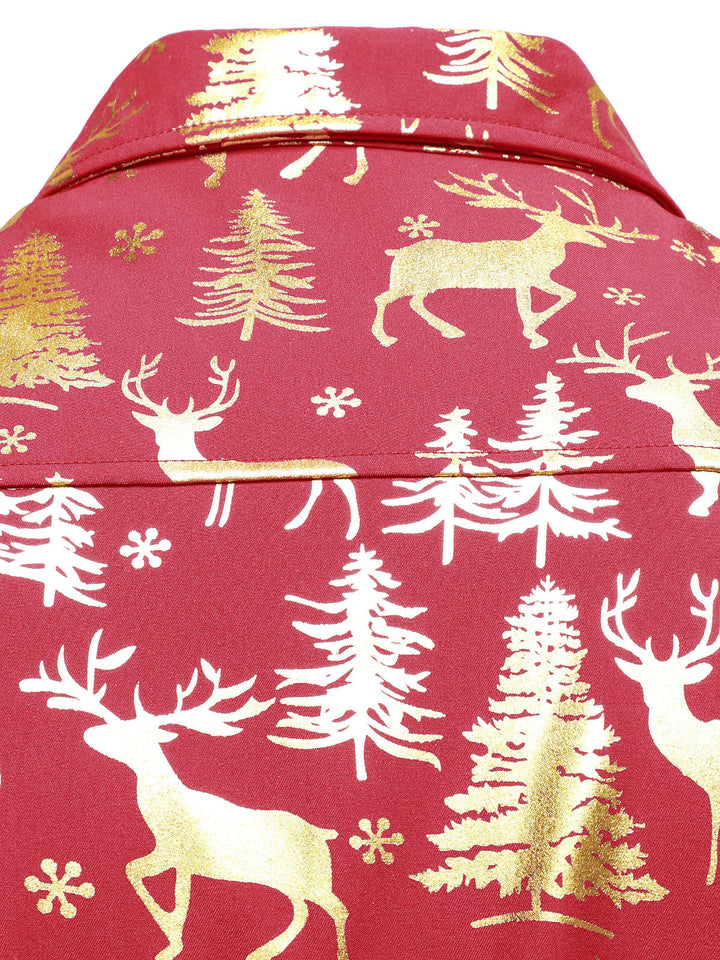 Men's Golden Christmas Reindeer Festive Print Red Long Sleeve Shirt