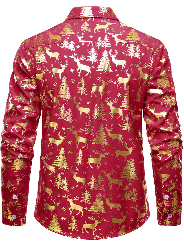 Men's Golden Christmas Reindeer Festive Print Red Long Sleeve Shirt