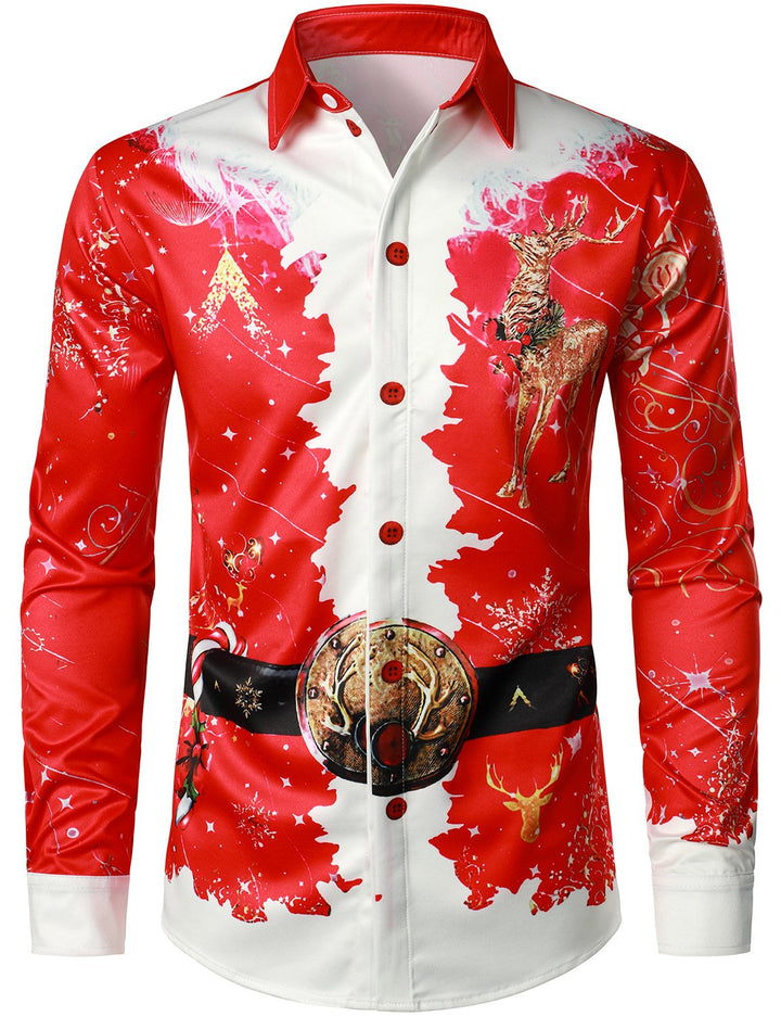 Men's Christmas-Inspired Top Red Fun Outfit Holiday Button-Down Long Sleeve Shirt
