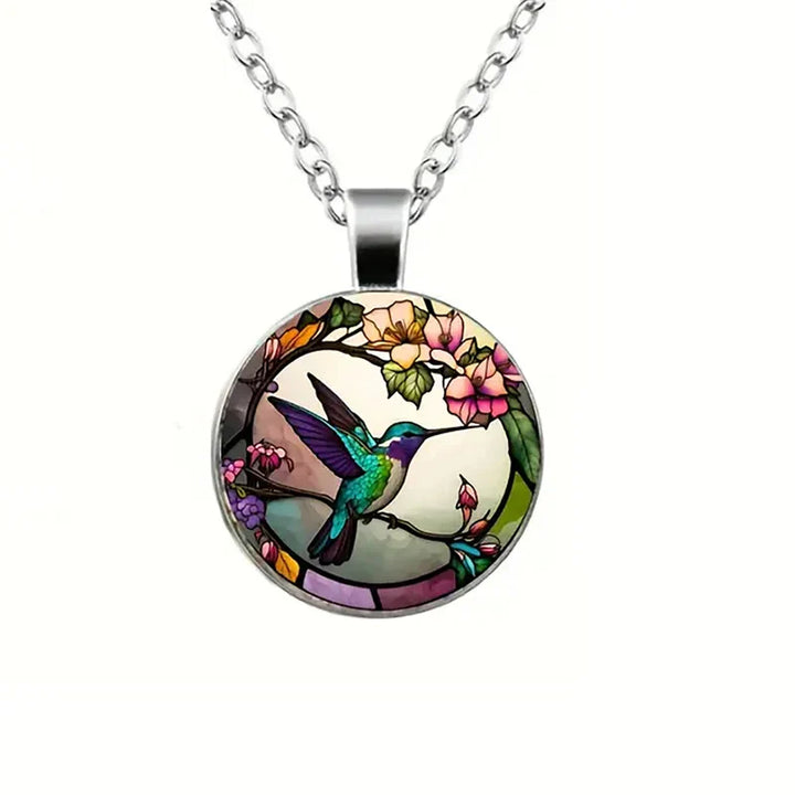 Necklace with Glass Dome Pendant Featuring a Hummingbird