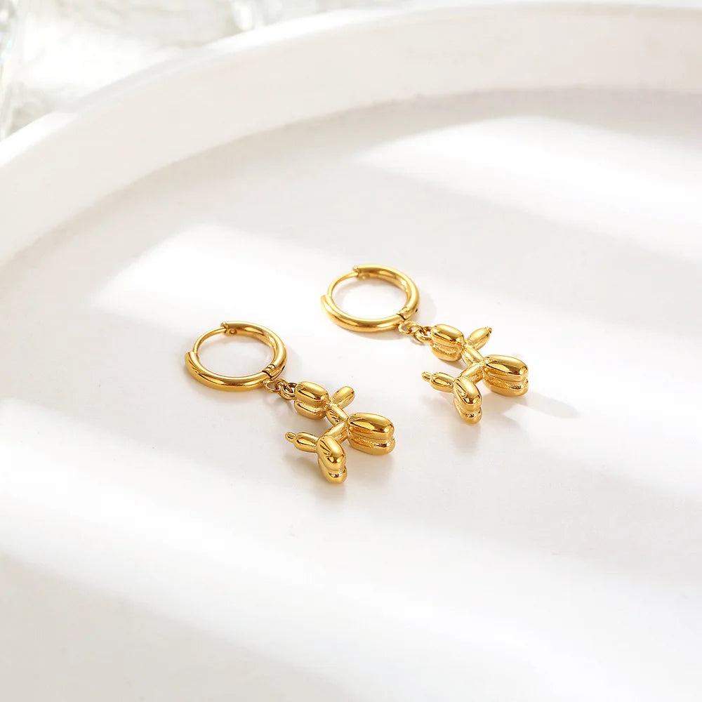 Gold Huggie Earrings with Mini Dog Balloon Pendant