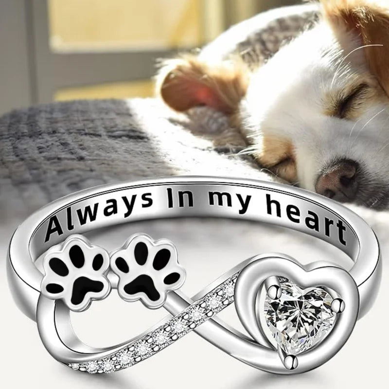 Paw Print Zirconia Ring with Heart and Infinity Design