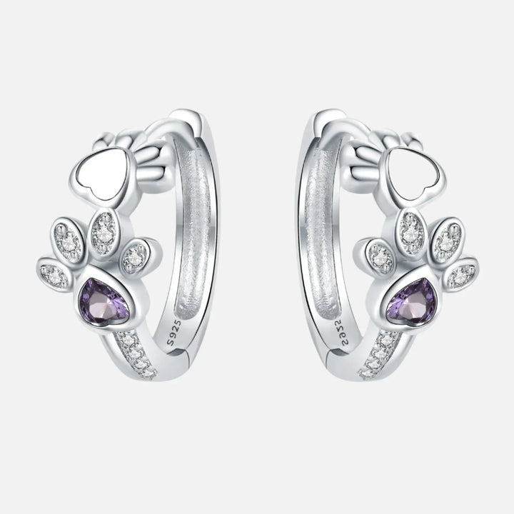 Paw Huggie Earrings in Silver with Zirconia and Heart-Shaped Gemstone