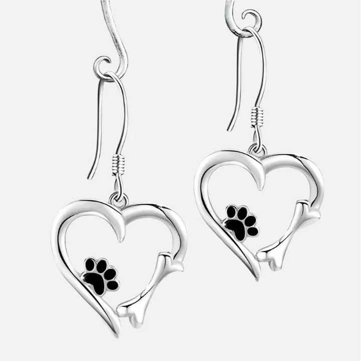 Silver Drop Earrings with Heart and Paw Design