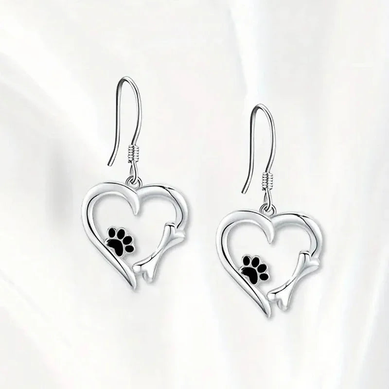 Silver Drop Earrings with Heart and Paw Design