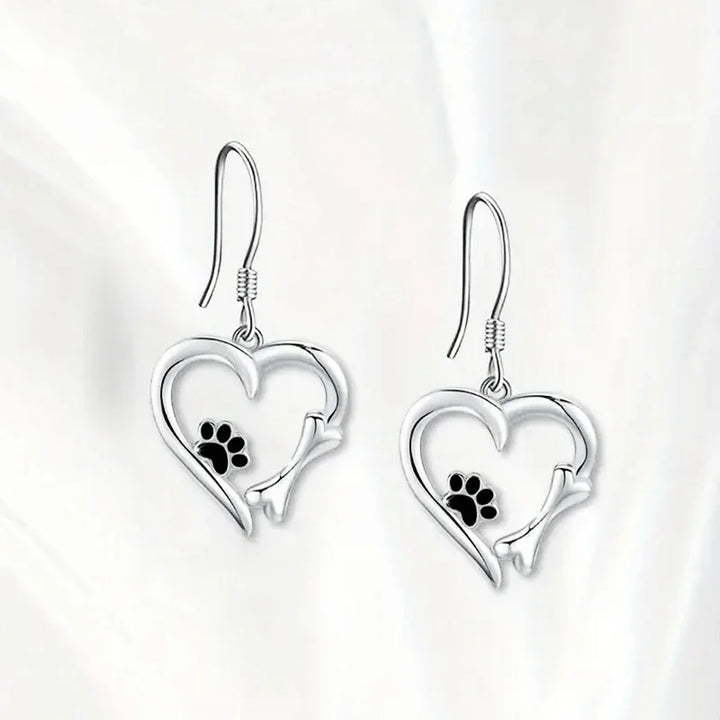 Silver Drop Earrings with Heart and Paw Design