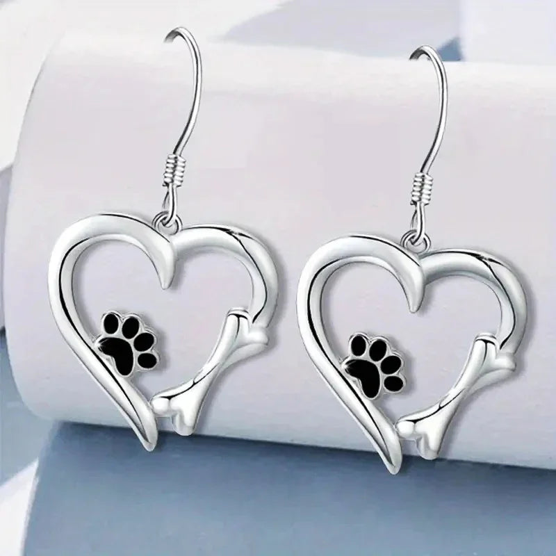 Silver Drop Earrings with Heart and Paw Design
