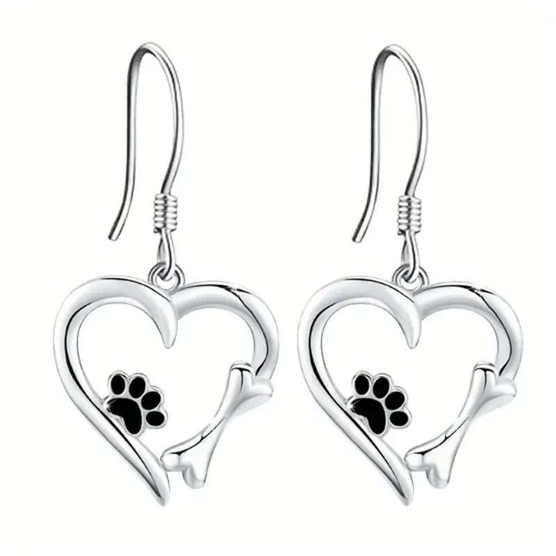 Silver Drop Earrings with Heart and Paw Design