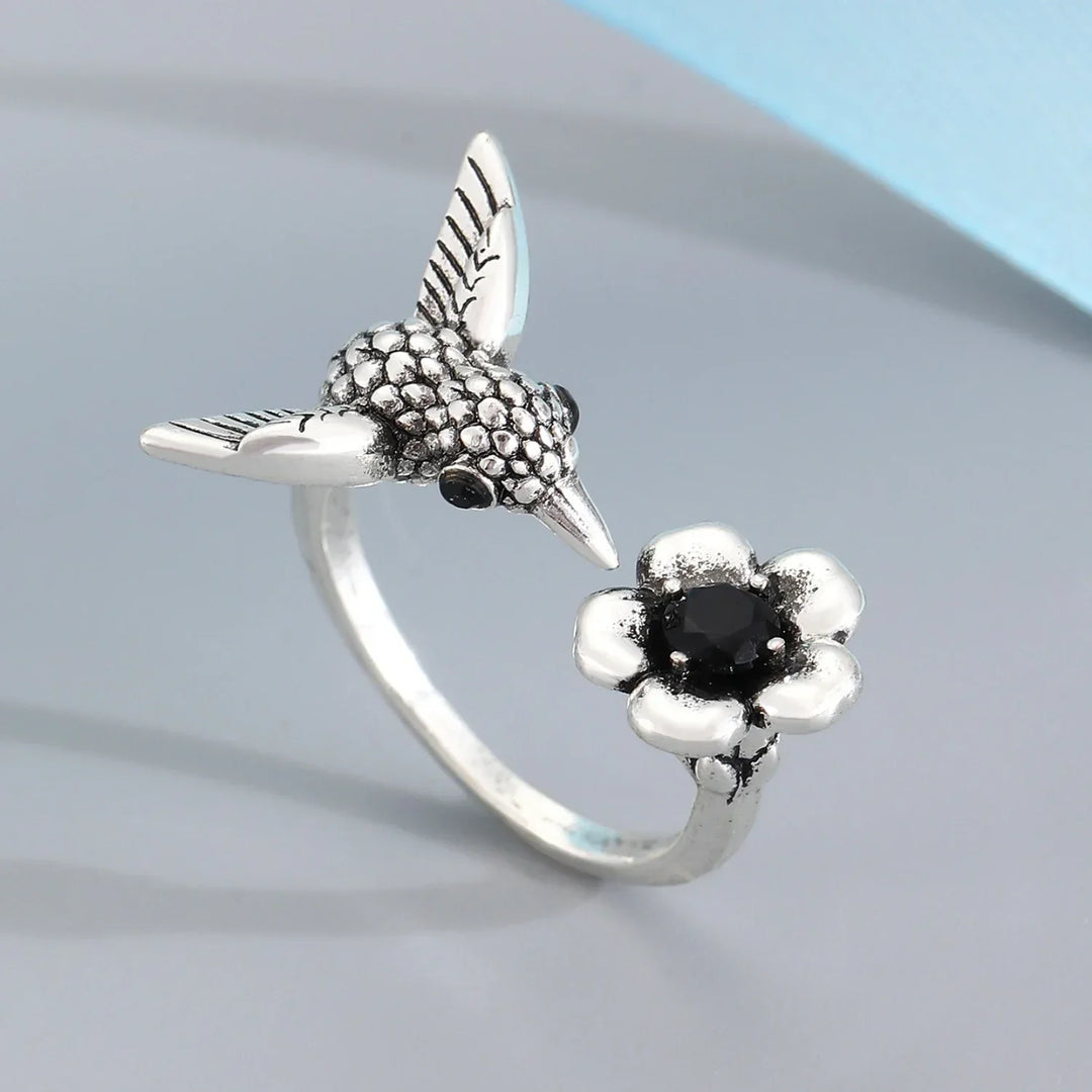 Hummingbird and Flower Ring – Adjustable Open Ring with Bird for Women