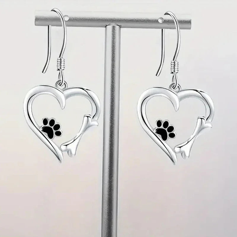 Silver Drop Earrings with Heart and Paw Design