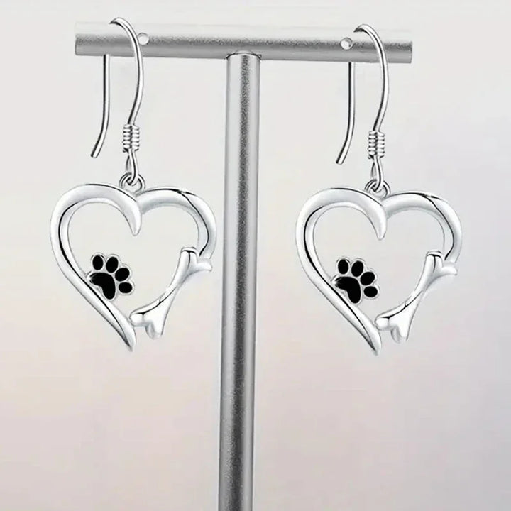 Silver Drop Earrings with Heart and Paw Design