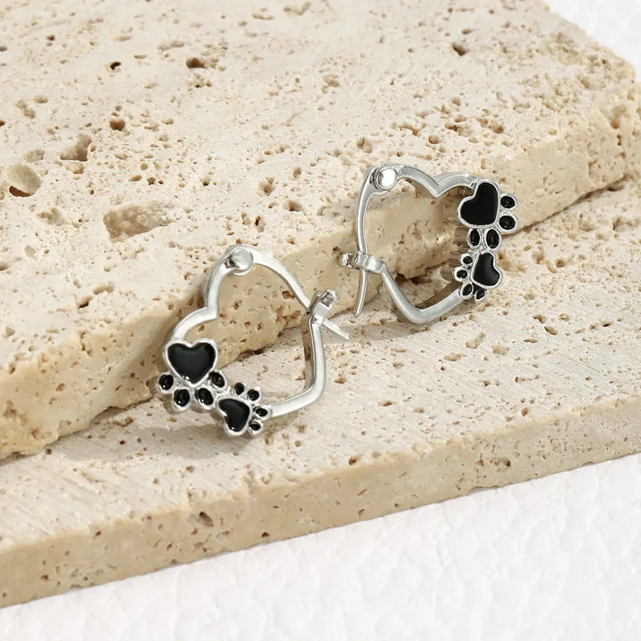 Huggie Earrings with Heart and Black Enamel