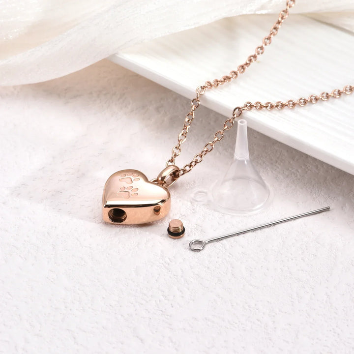 Pet Memorial Urn Necklace – Heart-Shaped Pendant with Paw Print Engraving