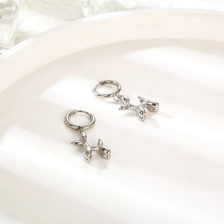 Gold Huggie Earrings with Mini Dog Balloon Pendant