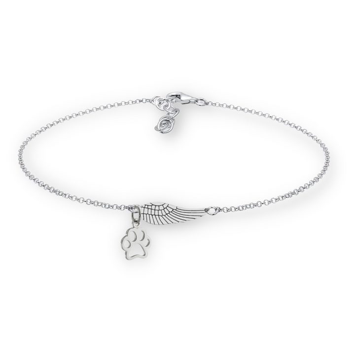 Commemorative silver bracelet with angel wings and paw print | Handmade