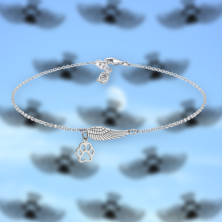 Commemorative silver bracelet with angel wings and paw print | Handmade