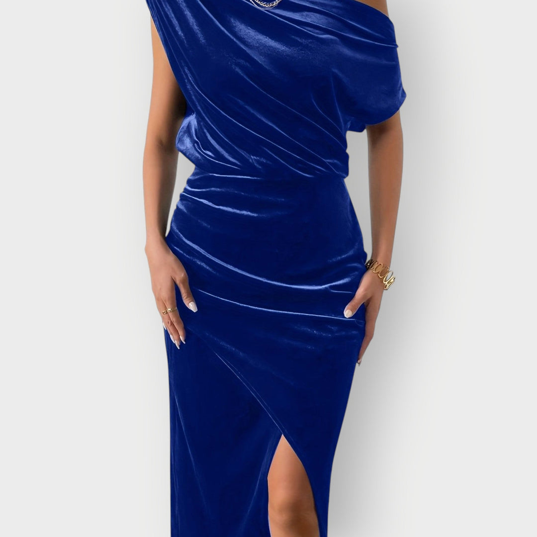 Greece – Off-Shoulder Draped Velvet Midi Dress