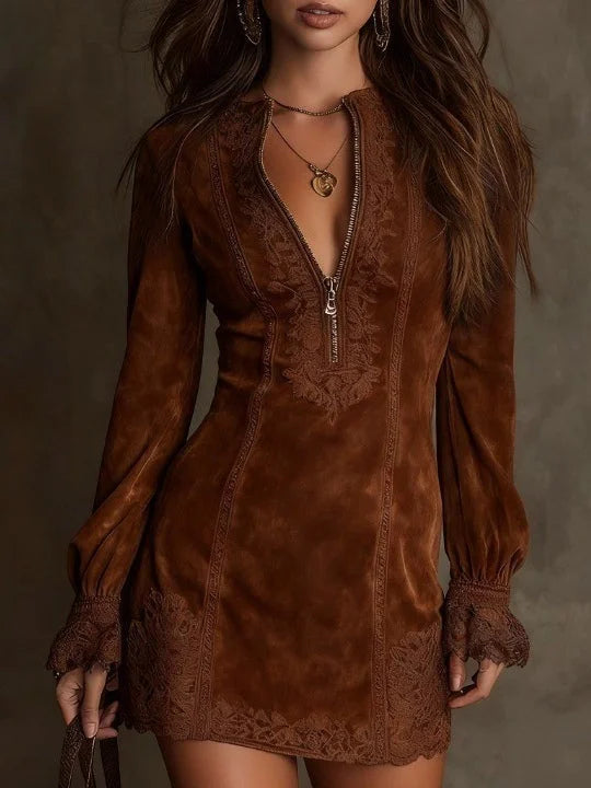 Lunori™ | Aurora Mini Suede Dress with Lace