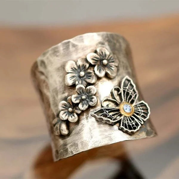 Wide band ring with bee flower and butterfly