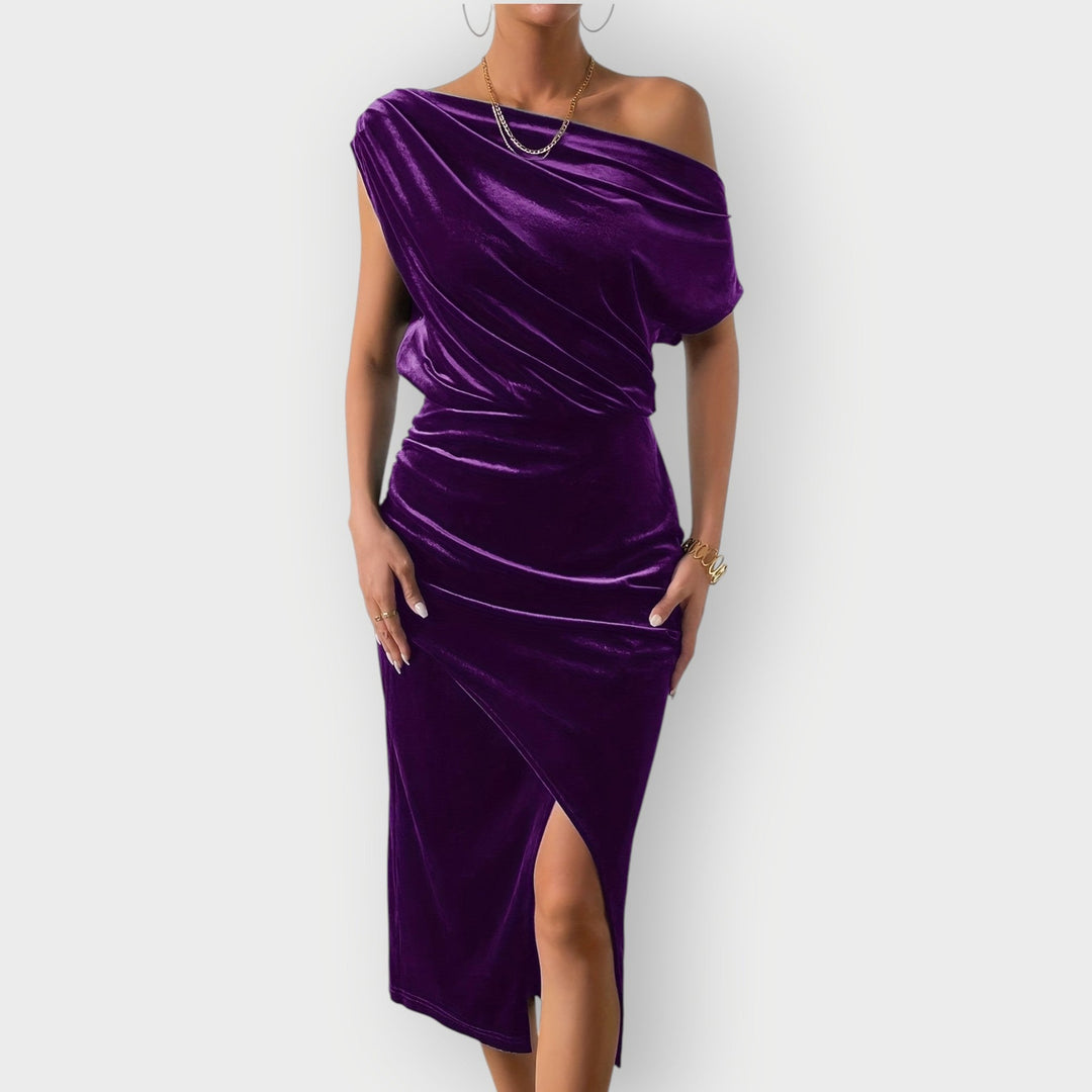 Greece – Off-Shoulder Draped Velvet Midi Dress