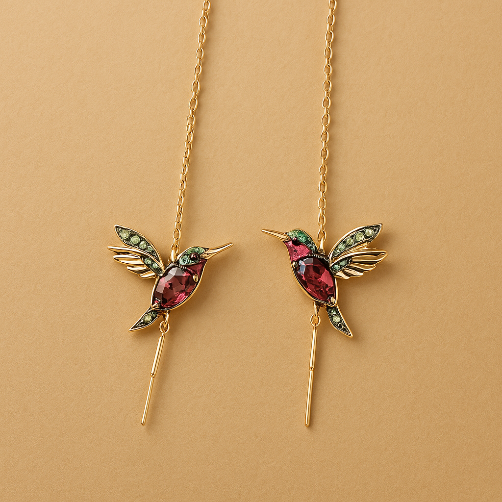 Earrings with Enamel and Zirconia in the Shape of a Hummingbird