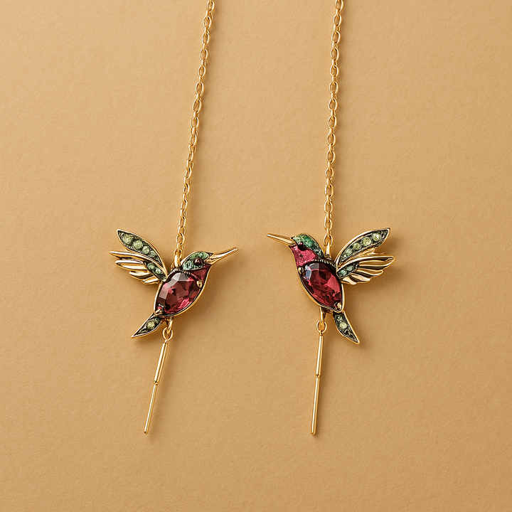 Earrings with Enamel and Zirconia in the Shape of a Hummingbird