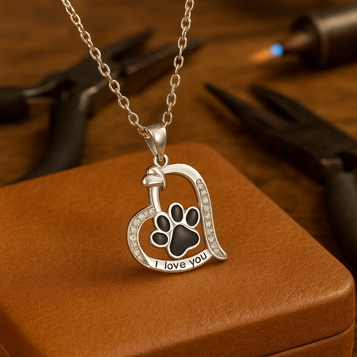 Heart-shaped dog paw print necklace with zirconia