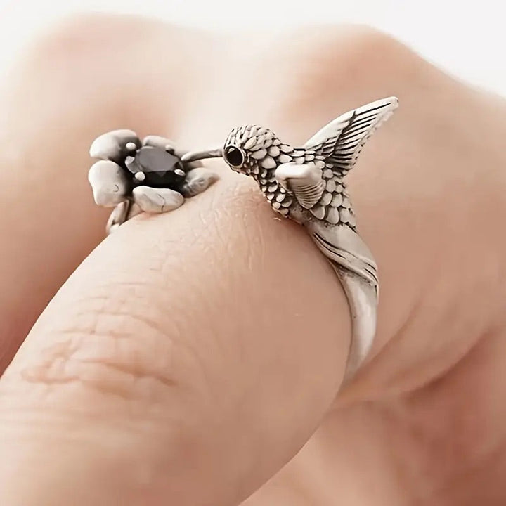 Hummingbird and Flower Ring – Adjustable Open Ring with Bird for Women