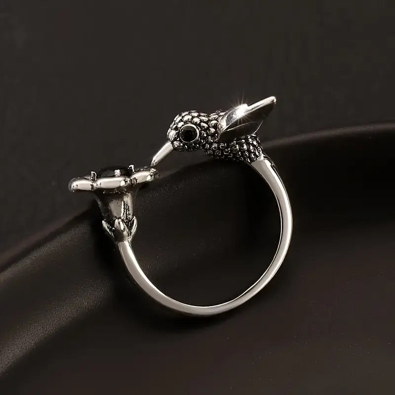Hummingbird and Flower Ring – Adjustable Open Ring with Bird for Women