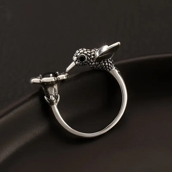 Hummingbird and Flower Ring – Adjustable Open Ring with Bird for Women