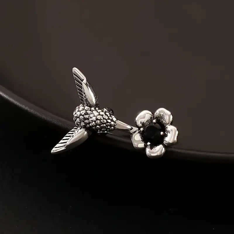 Hummingbird and Flower Ring – Adjustable Open Ring with Bird for Women