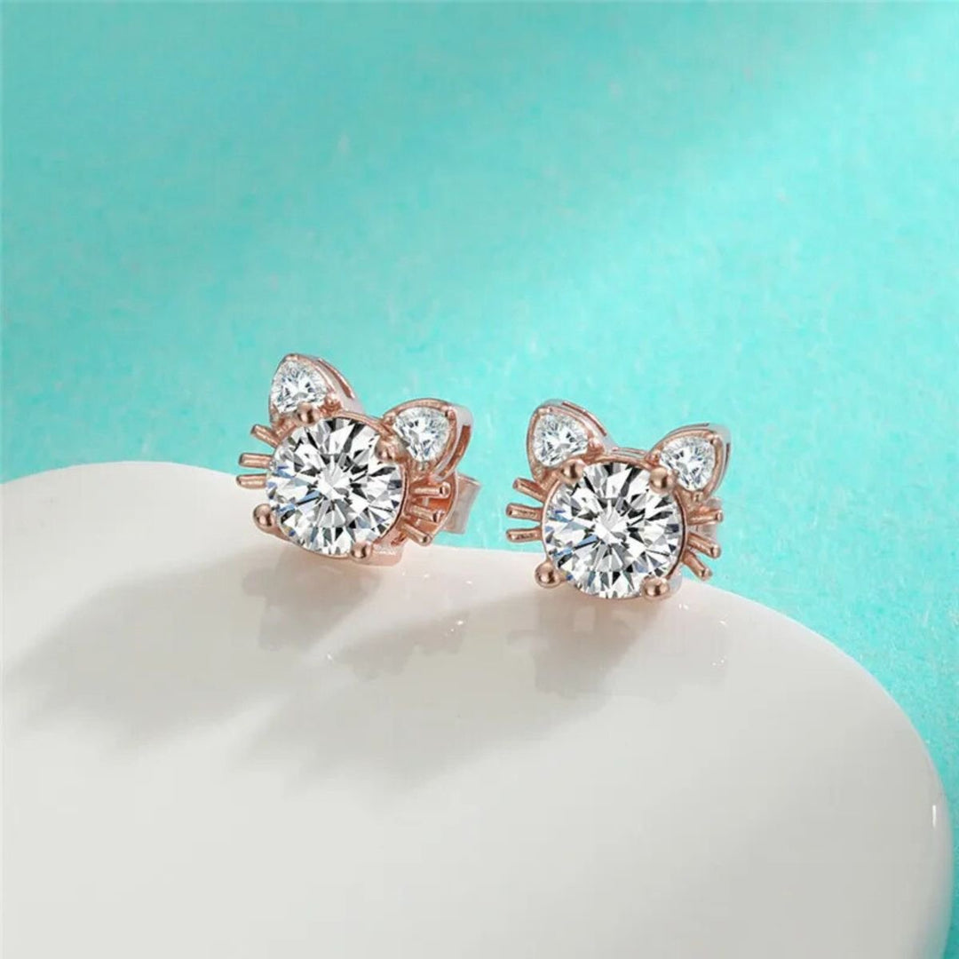 Moissanite and Cat Button Earrings in Rose Gold and Sterling Silver 925