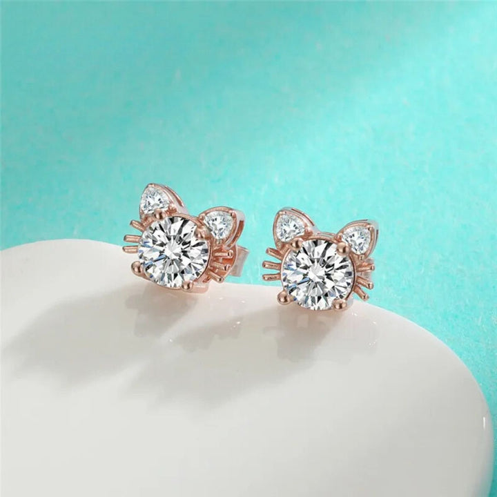 Moissanite and Cat Button Earrings in Rose Gold and Sterling Silver 925