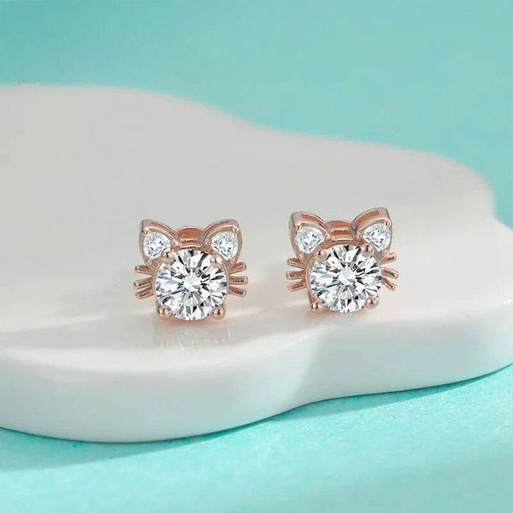 Moissanite and Cat Button Earrings in Rose Gold and Sterling Silver 925