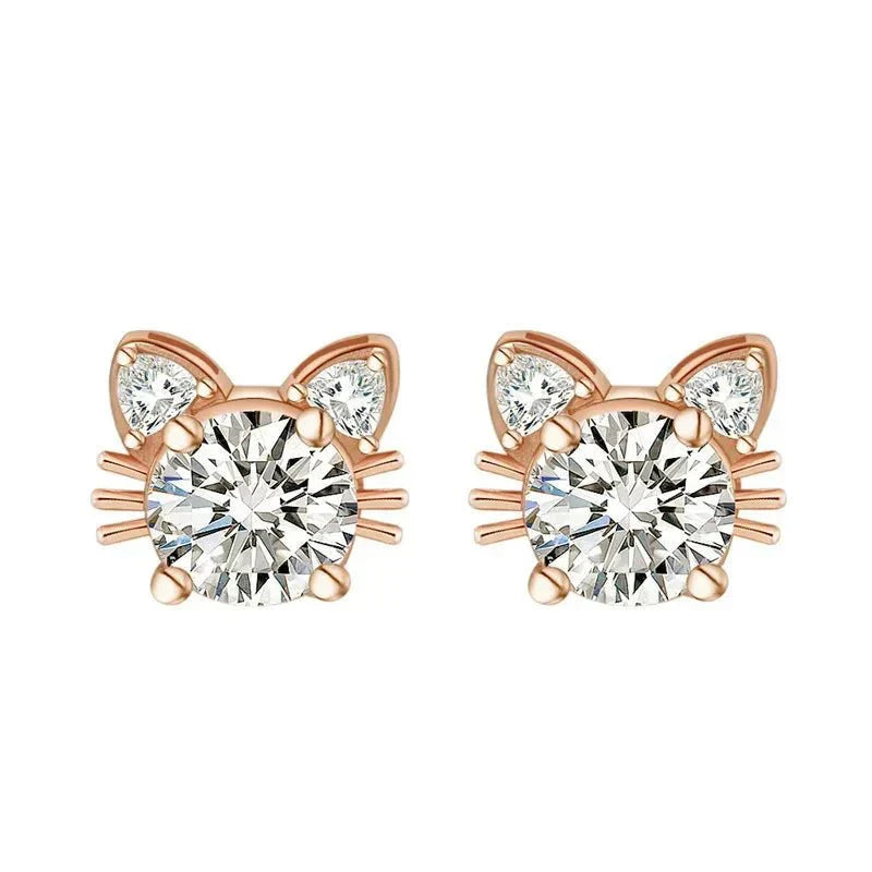 Moissanite and Cat Button Earrings in Rose Gold and Sterling Silver 925