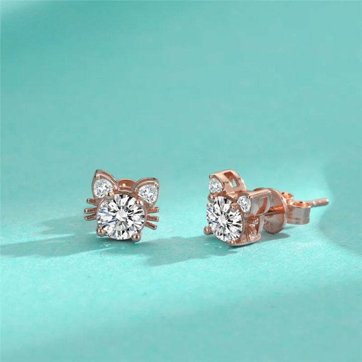 Moissanite and Cat Button Earrings in Rose Gold and Sterling Silver 925