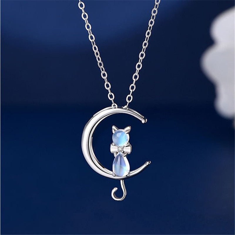 Moonstone Crescent Cat Necklace