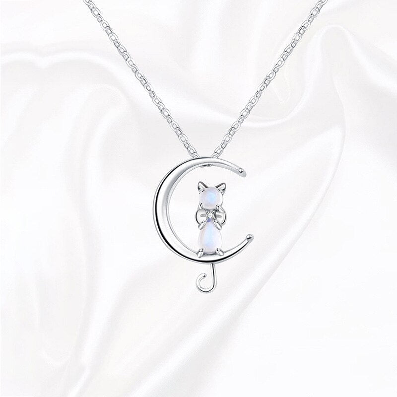 Moonstone Crescent Cat Necklace