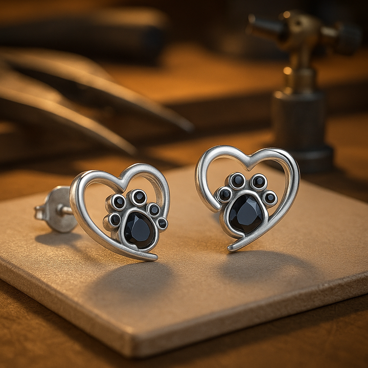 Heart and Paw Button Earrings – Silver with Black Enamel